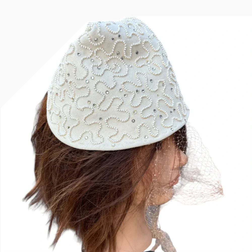 Vintage Style White Pearl Rhinestone Pillbox Hat Birdcage Veil Bridal Formal